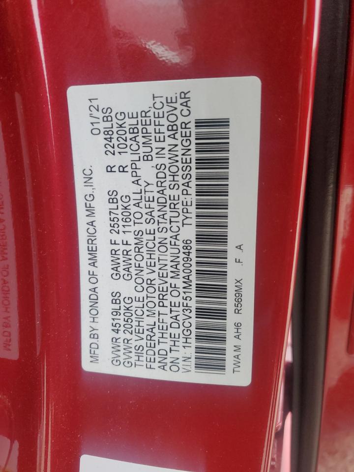 2021 Honda Accord Hybrid Exl VIN: 1HGCV3F51MA009486 Lot: 84297455