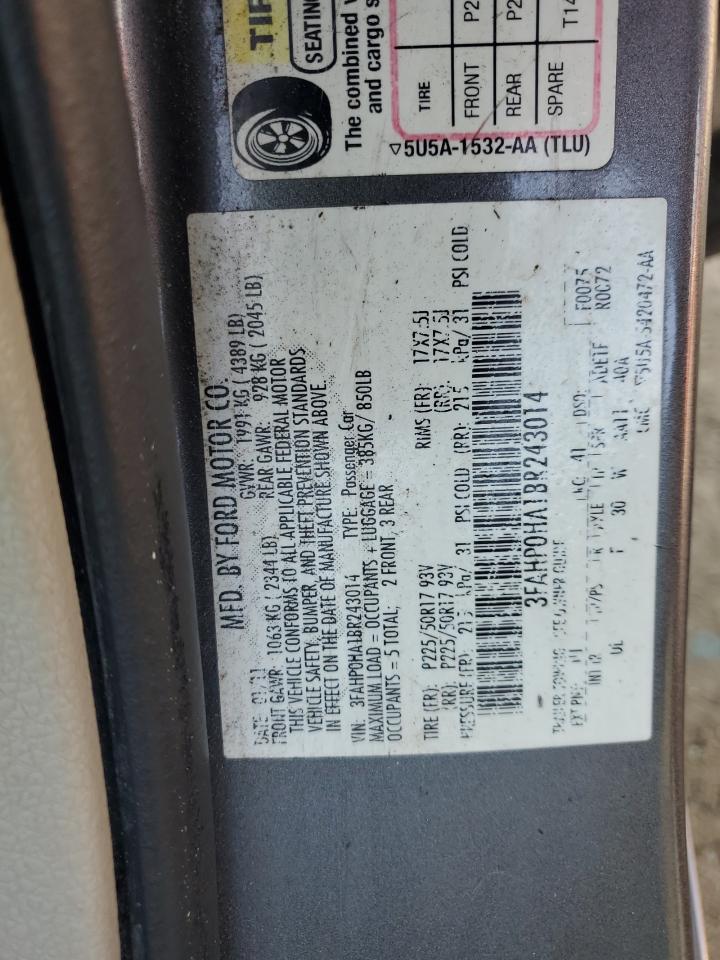 2011 Ford Fusion Se VIN: 3FAHP0HA1BR243014 Lot: 81431175