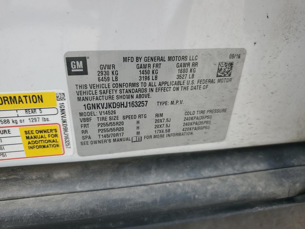 2017 Chevrolet Traverse Premier VIN: 1GNKVJKD9HJ163257 Lot: 81282875