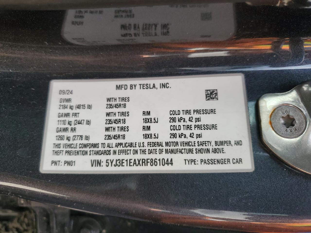 2024 Tesla Model 3 VIN: 5YJ3E1EAXRF861044 Lot: 84275195