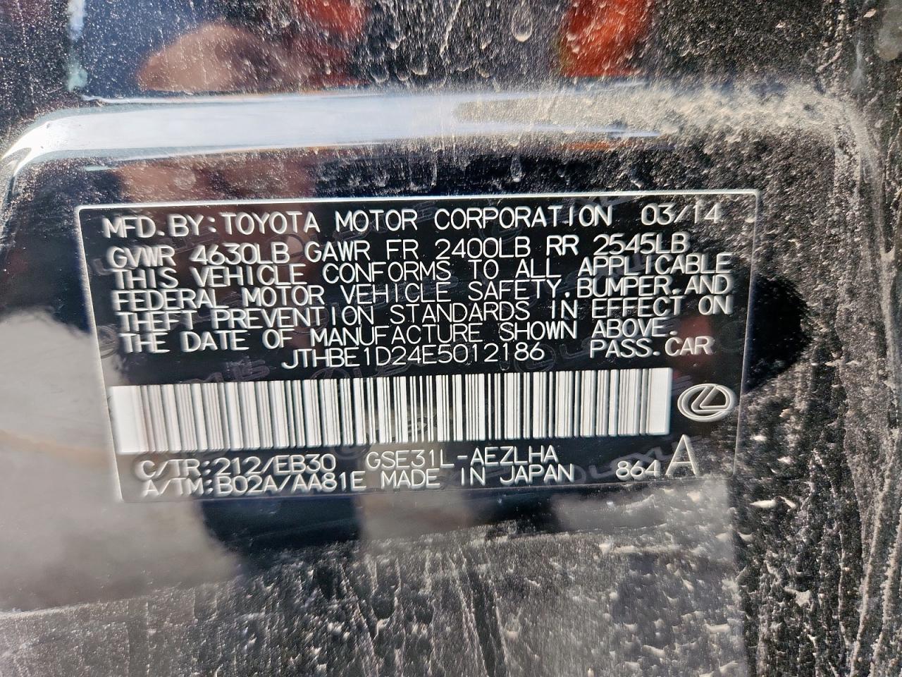 2014 Lexus Is 350 VIN: JTHBE1D24E5012186 Lot: 71228225