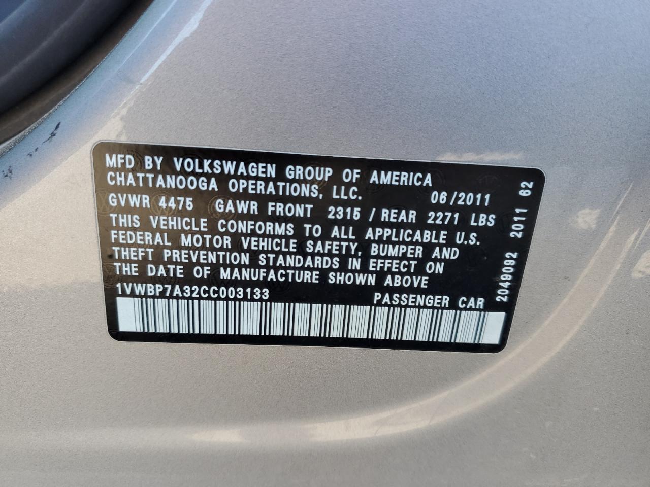 2012 Volkswagen Passat Se VIN: 1VWBP7A32CC003133 Lot: 80715595