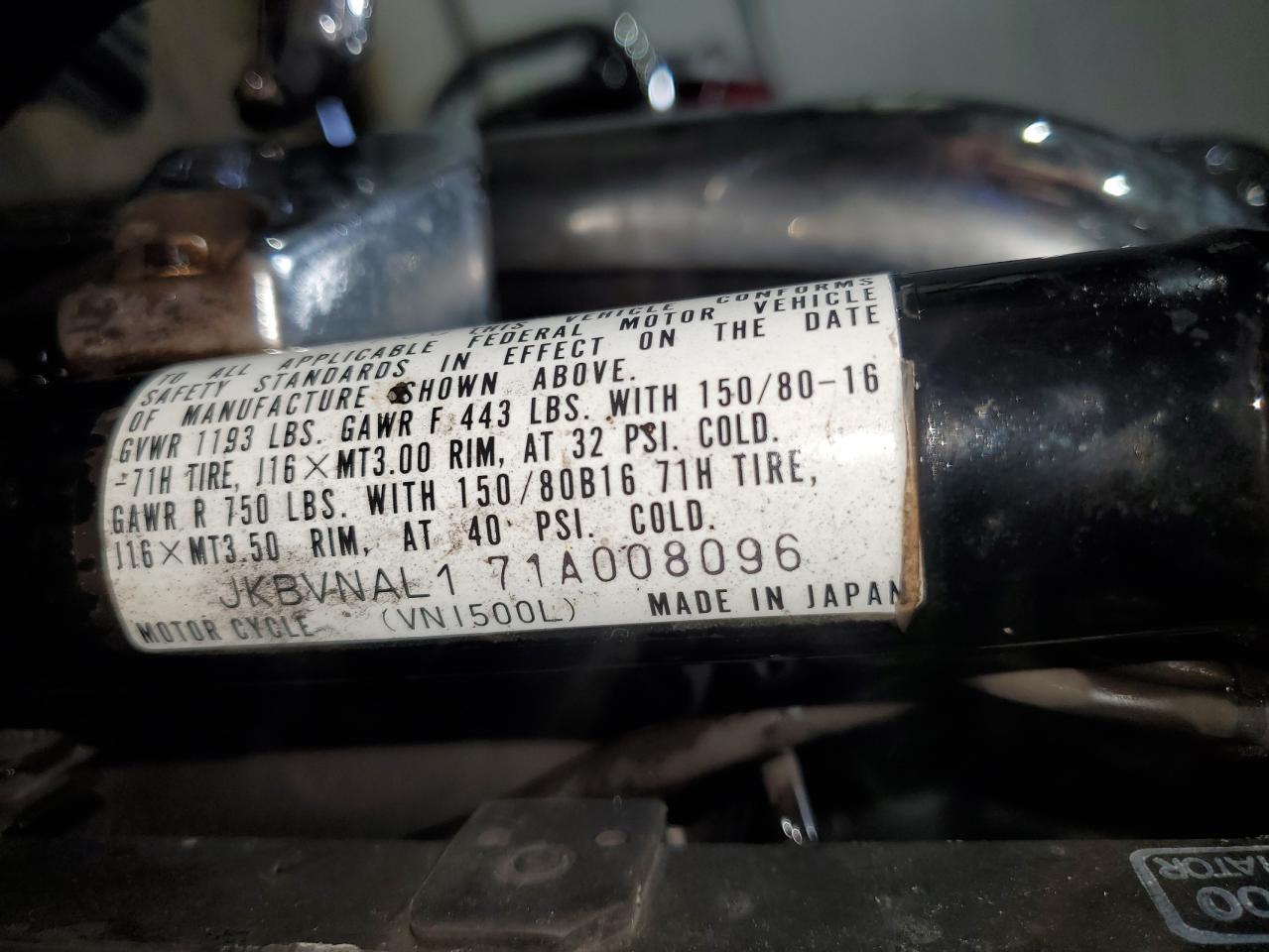 2001 Kawasaki Vn1500 L VIN: JKBVNAL171A008096 Lot: 82023205