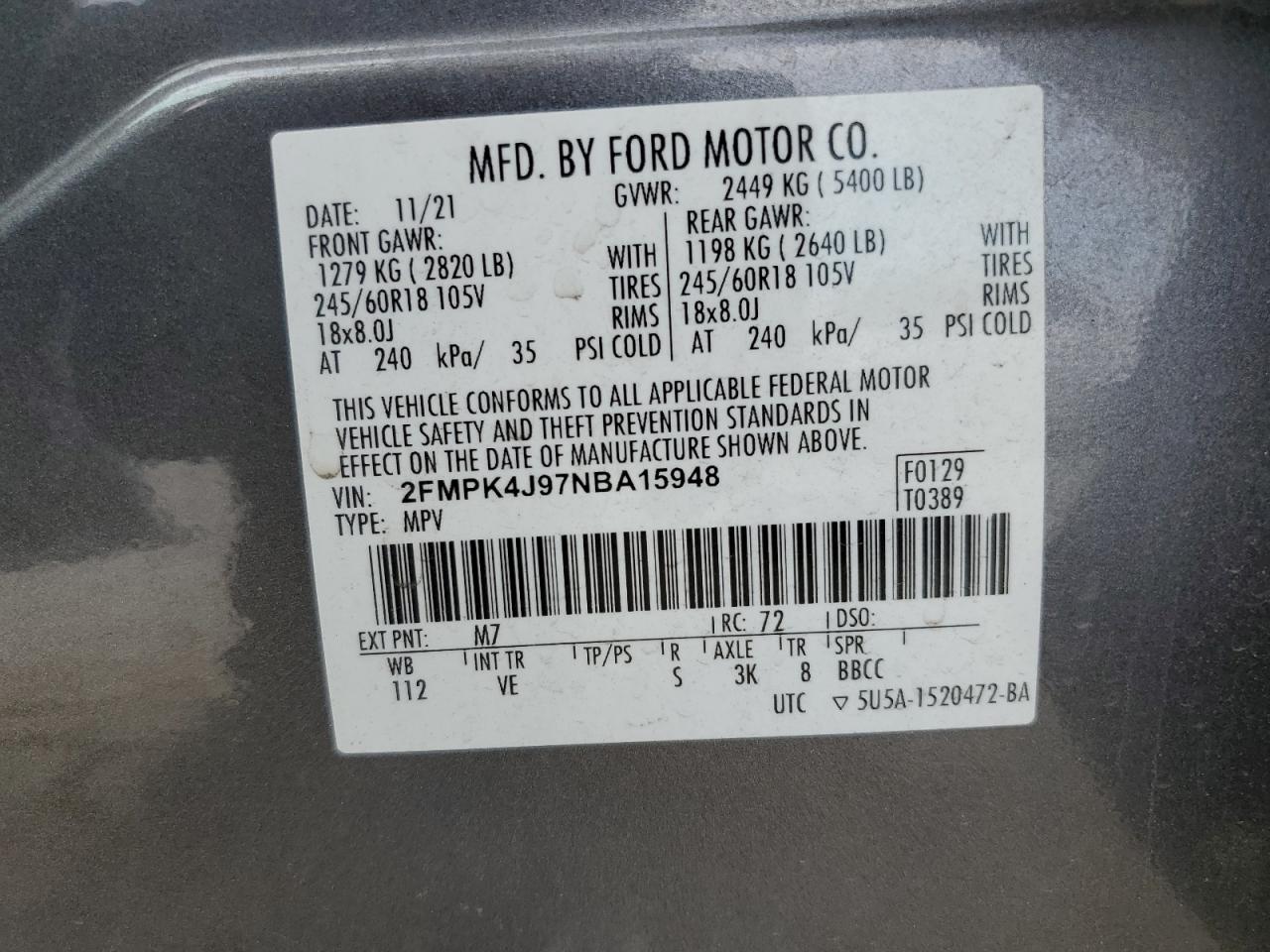 2022 Ford Unknown VIN: 2FMPK4J97NBA15948 Lot: 80729735