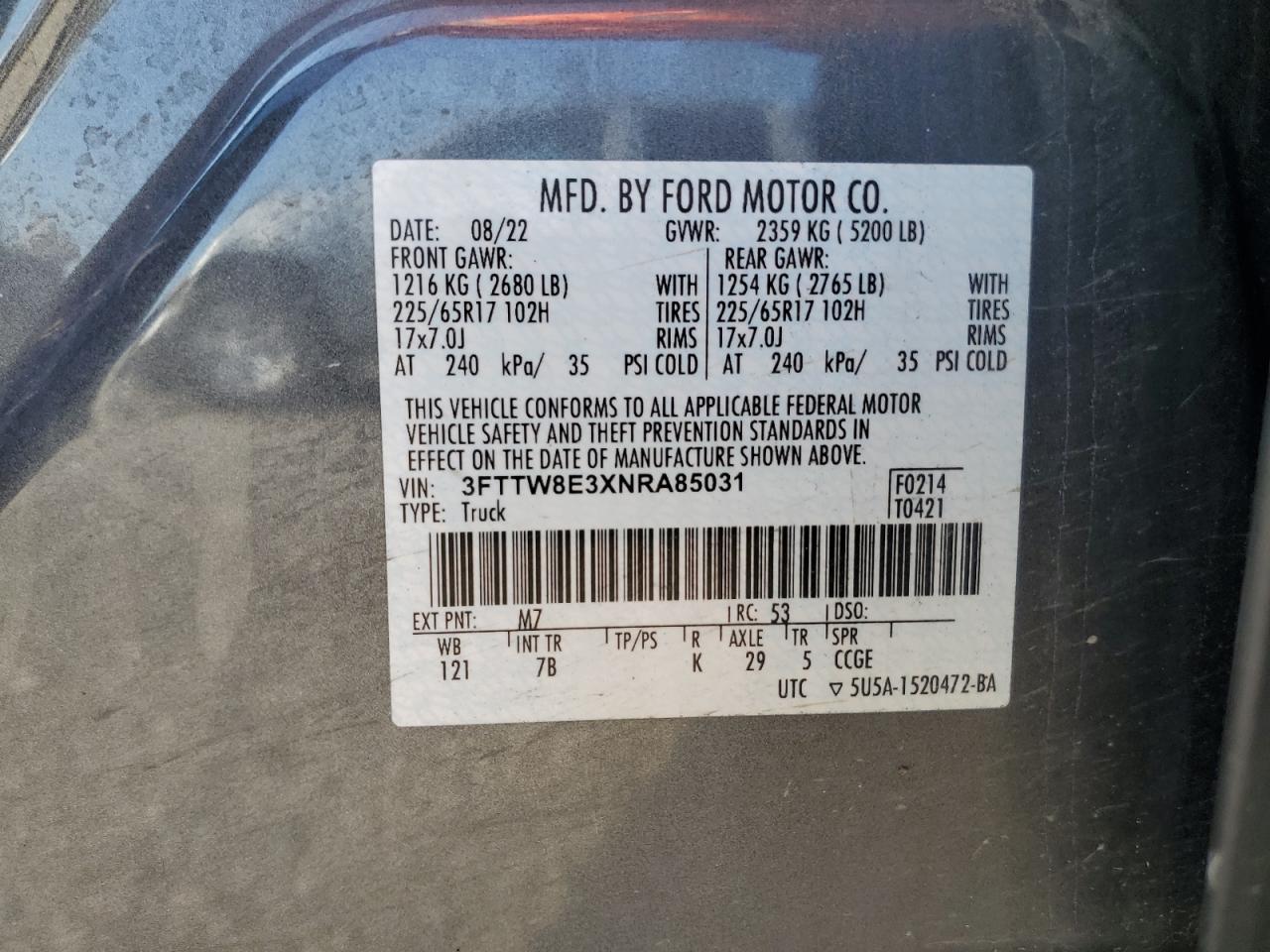 2022 Ford Maverick Xl VIN: 3FTTW8E3XNRA85031 Lot: 71026765