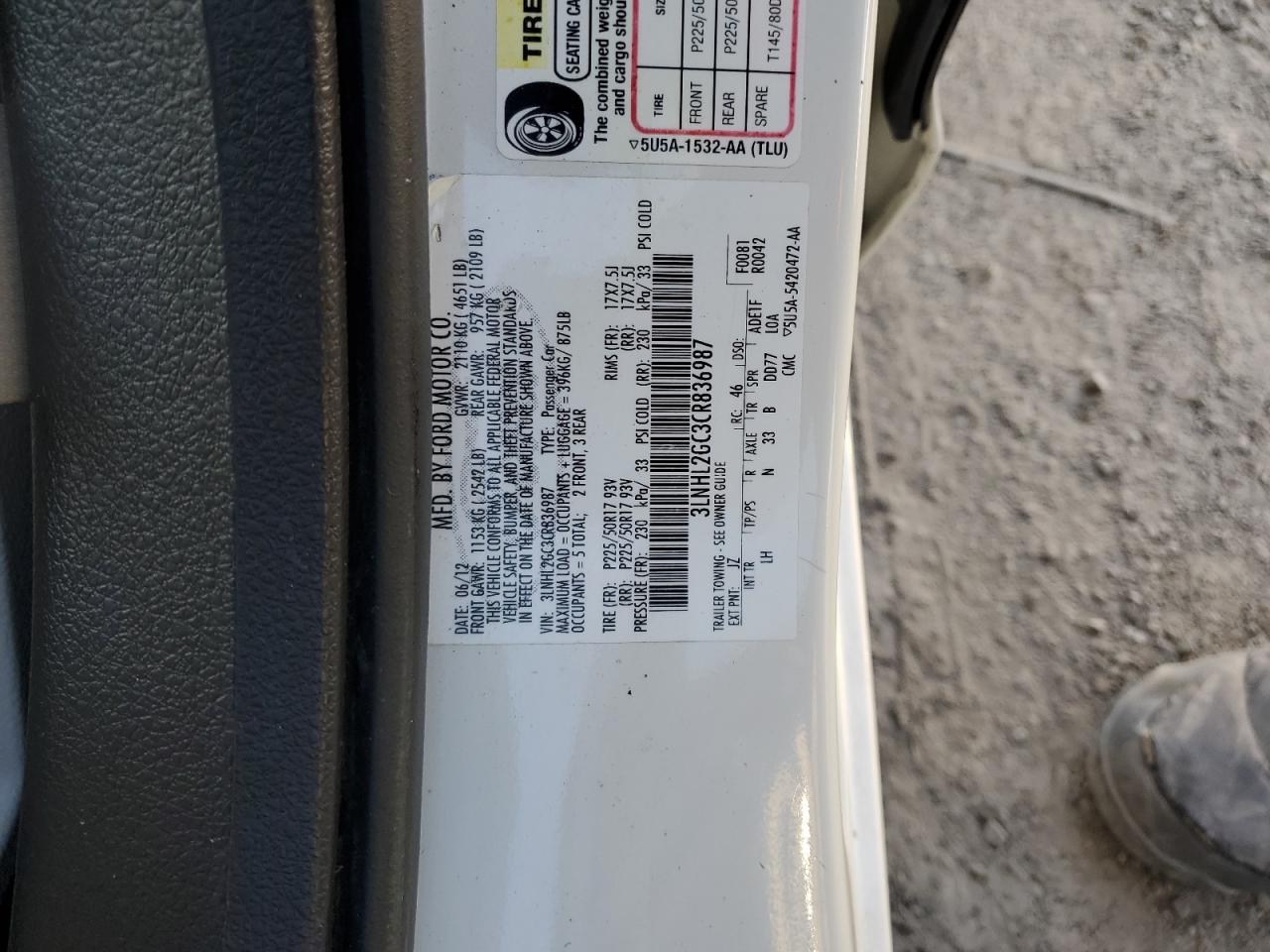 2012 Lincoln Mkz VIN: 3LNHL2GC3CR836987 Lot: 84466405