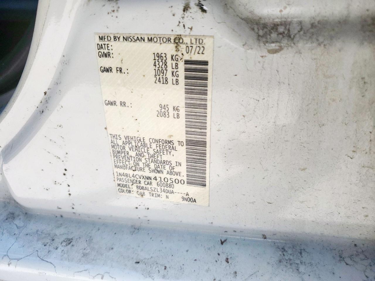 2022 Nissan Altima Sr VIN: 1N4BL4CVXNN410500 Lot: 84398855