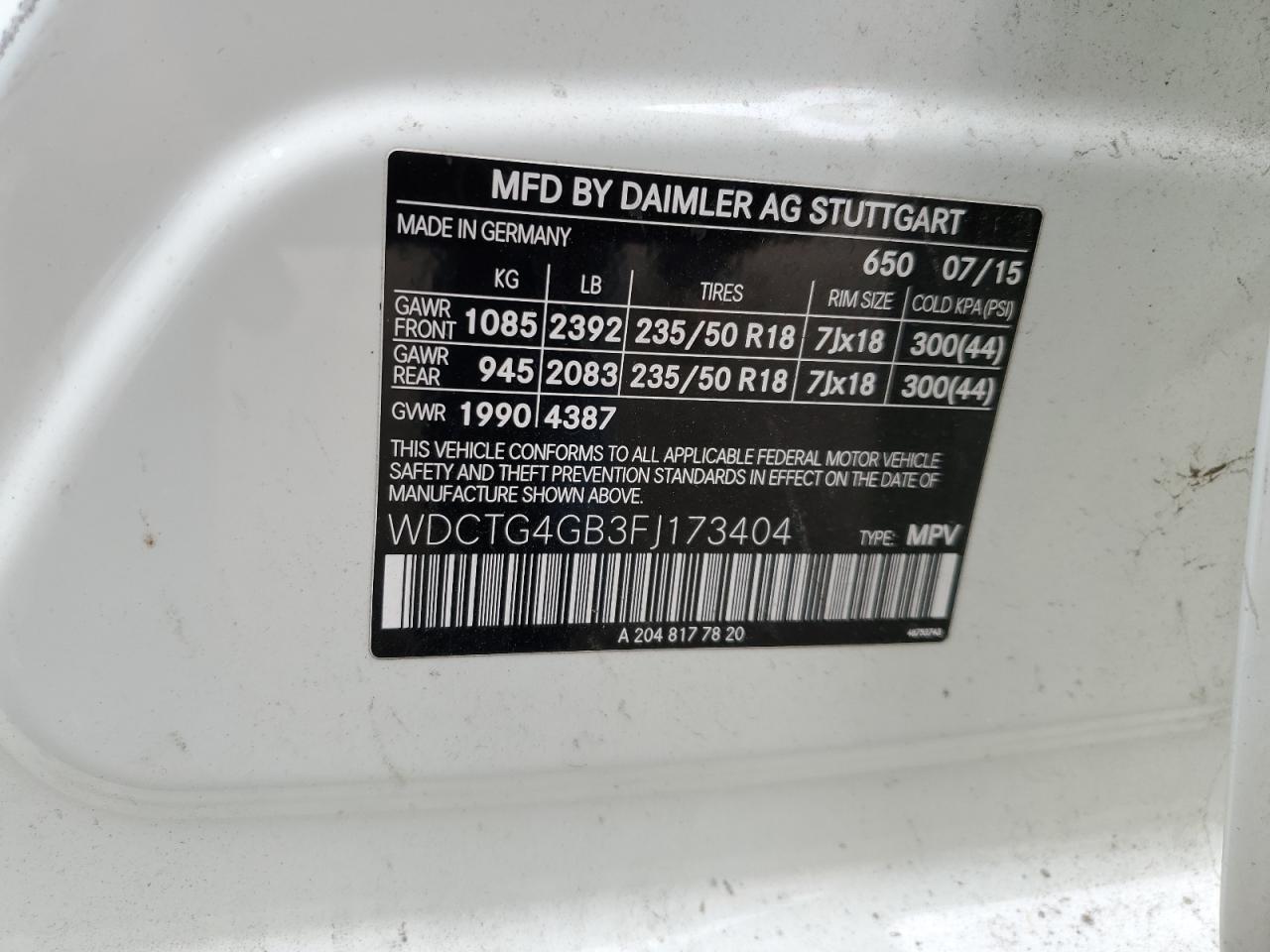 2015 Mercedes-Benz Gla 250 4Matic VIN: WDCTG4GB3FJ173404 Lot: 71073665