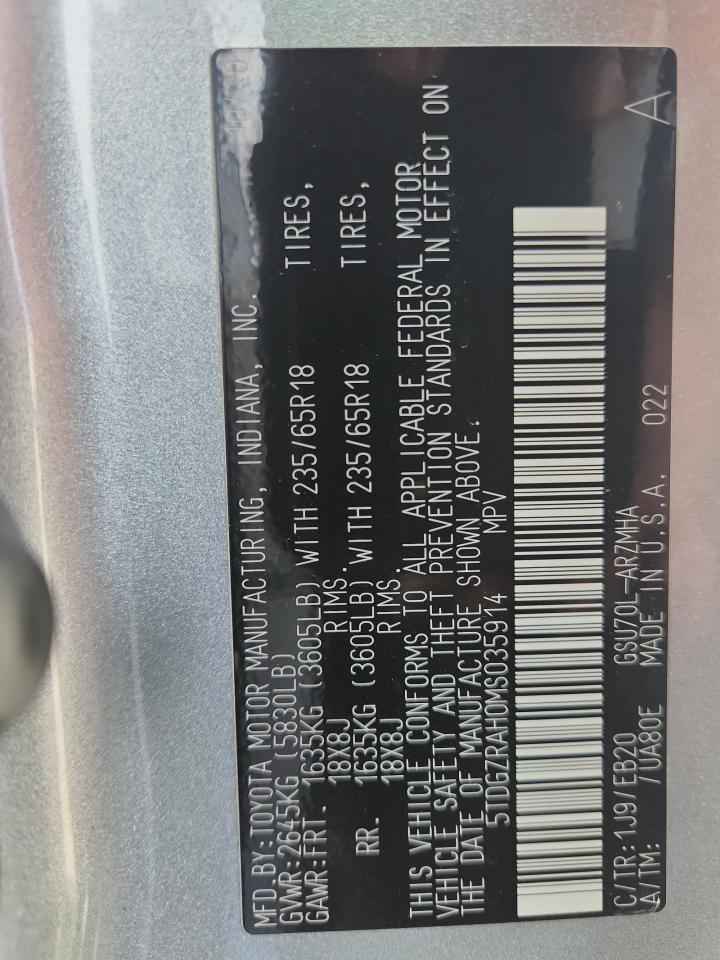 2021 Toyota Highlander Xle VIN: 5TDGZRAH0MS035914 Lot: 82141555