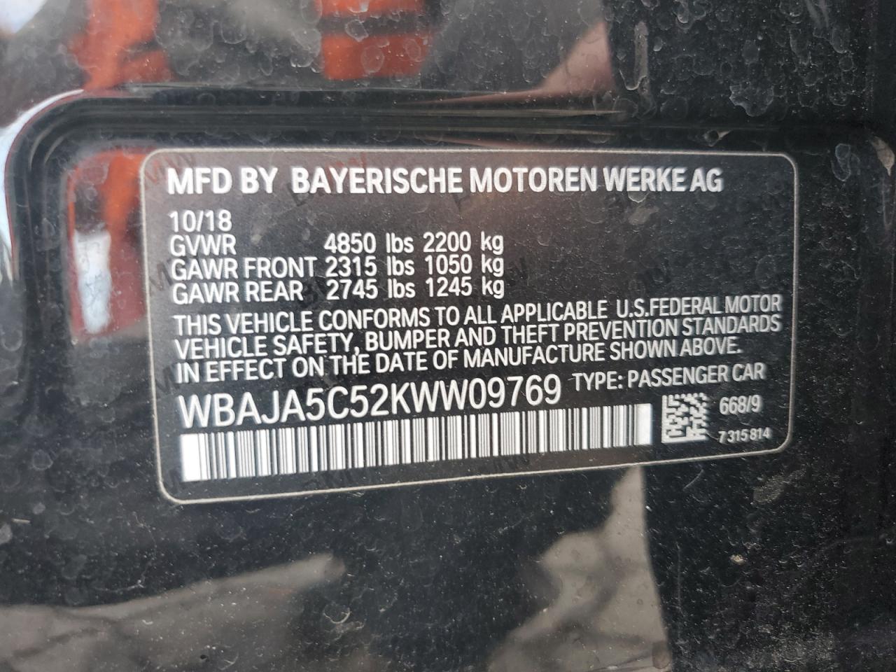 2019 BMW 530 I VIN: WBAJA5C52KWW09769 Lot: 81791225