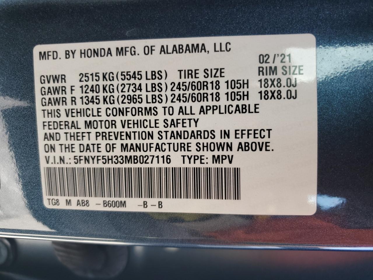 2021 Honda Pilot Ex VIN: 5FNYF5H33MB027116 Lot: 70897255