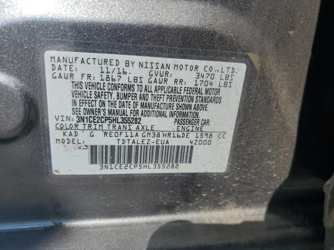 2017 Nissan Versa Note S VIN: 3N1CE2CP5HL355282 Lot: 80964285