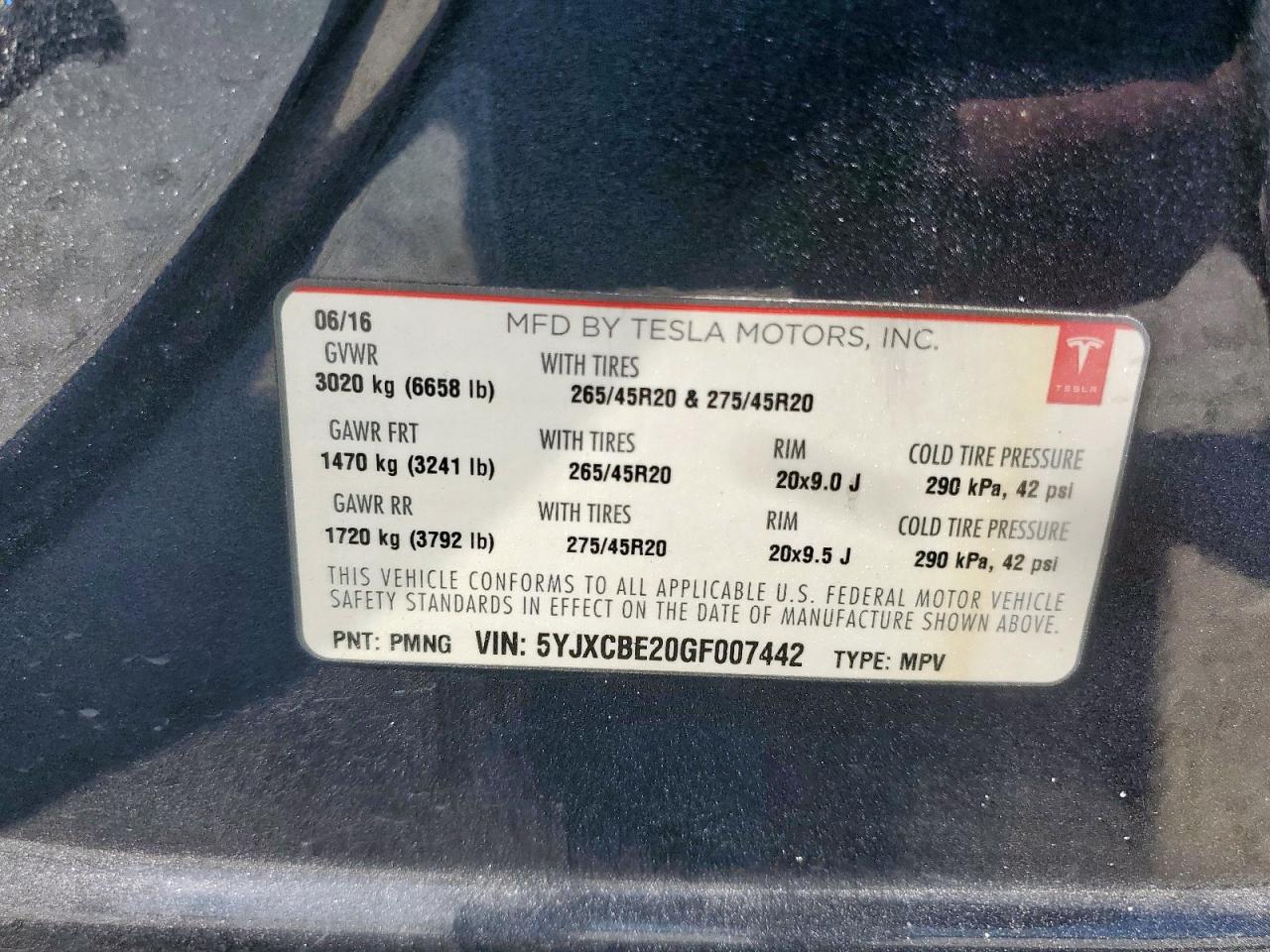2016 Tesla Model X VIN: 5YJXCBE20GF007442 Lot: 71796095