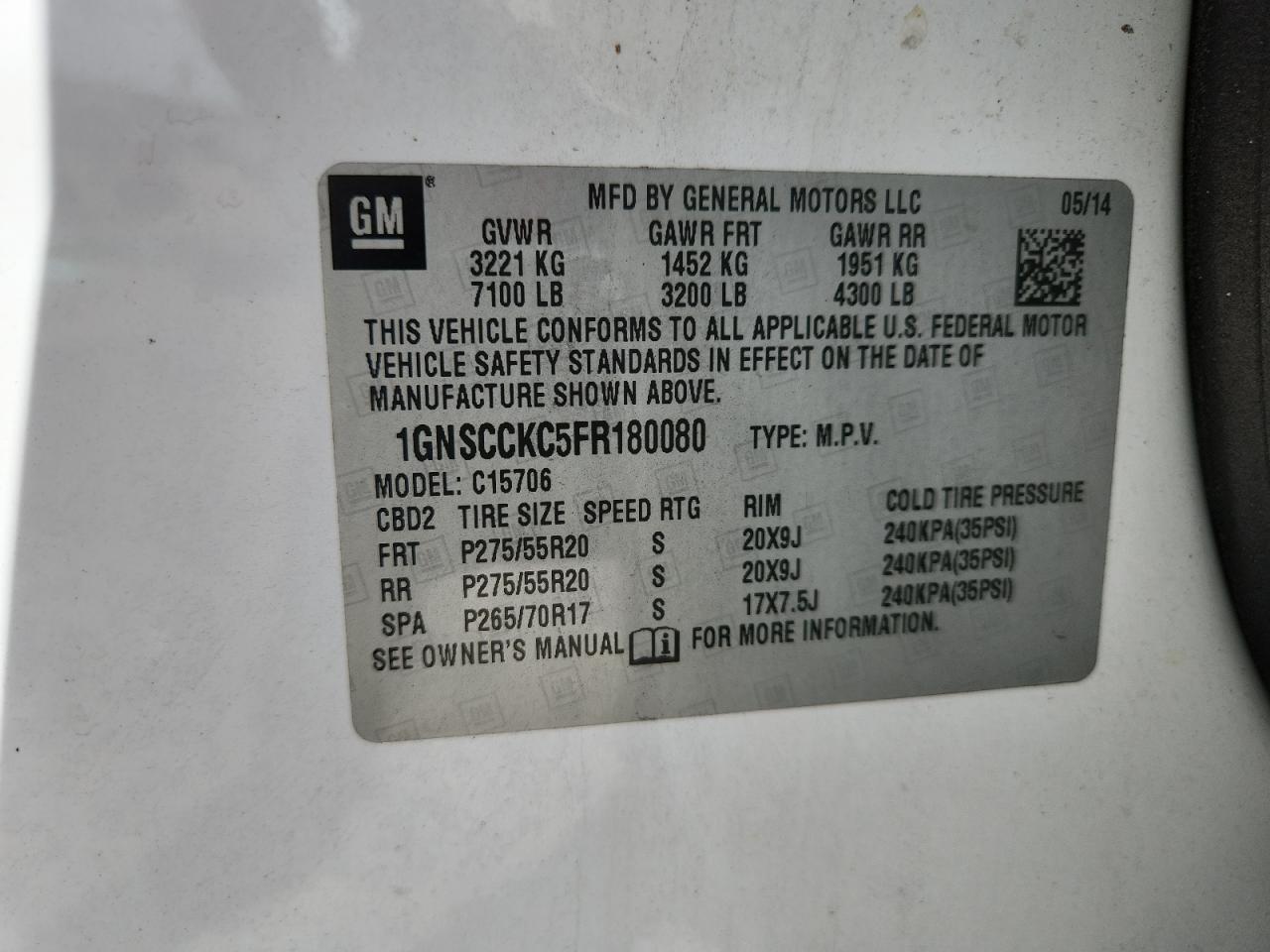 2015 Chevrolet Tahoe C1500 Ltz VIN: 1GNSCCKC5FR180080 Lot: 80197135