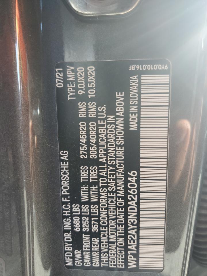 2022 Porsche Cayenne E-Hybrid VIN: WP1AE2AY3NDA26046 Lot: 71785885