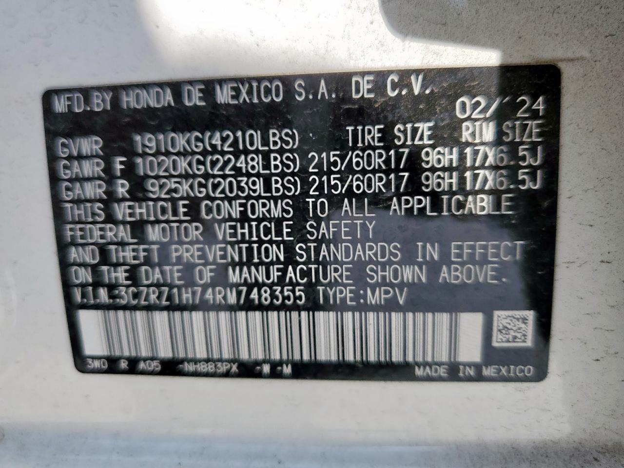 2024 Honda Hr-V Exl VIN: 3CZRZ1H74RM748355 Lot: 81688395