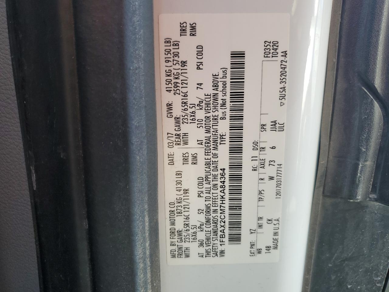 2017 Ford Transit T-350 VIN: 1FBAX2CM7HKA84364 Lot: 81298145