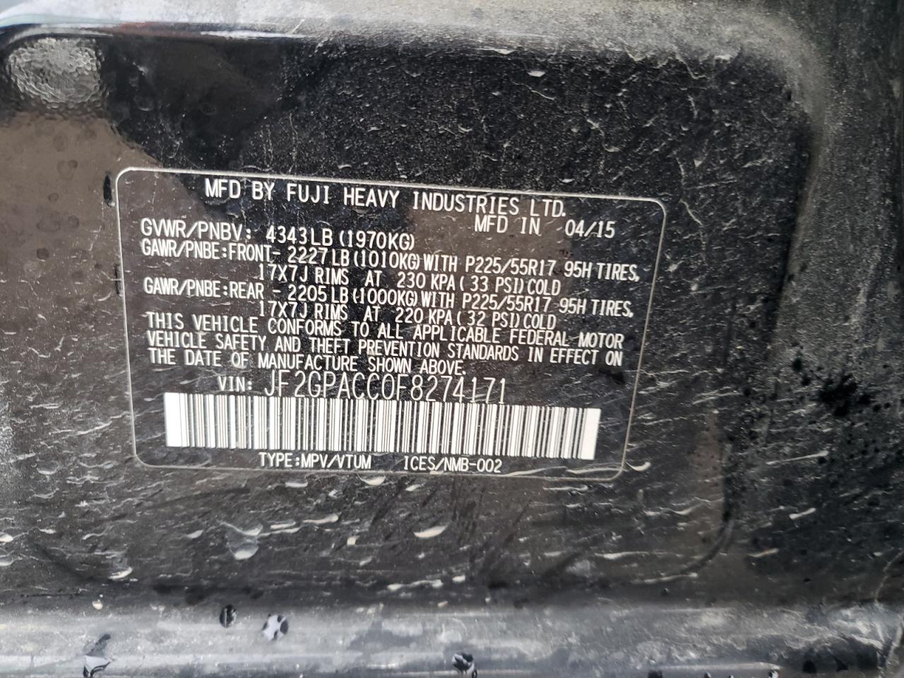 2015 Subaru Xv Crosstrek 2.0 Premium VIN: JF2GPACC0F8274171 Lot: 81143245