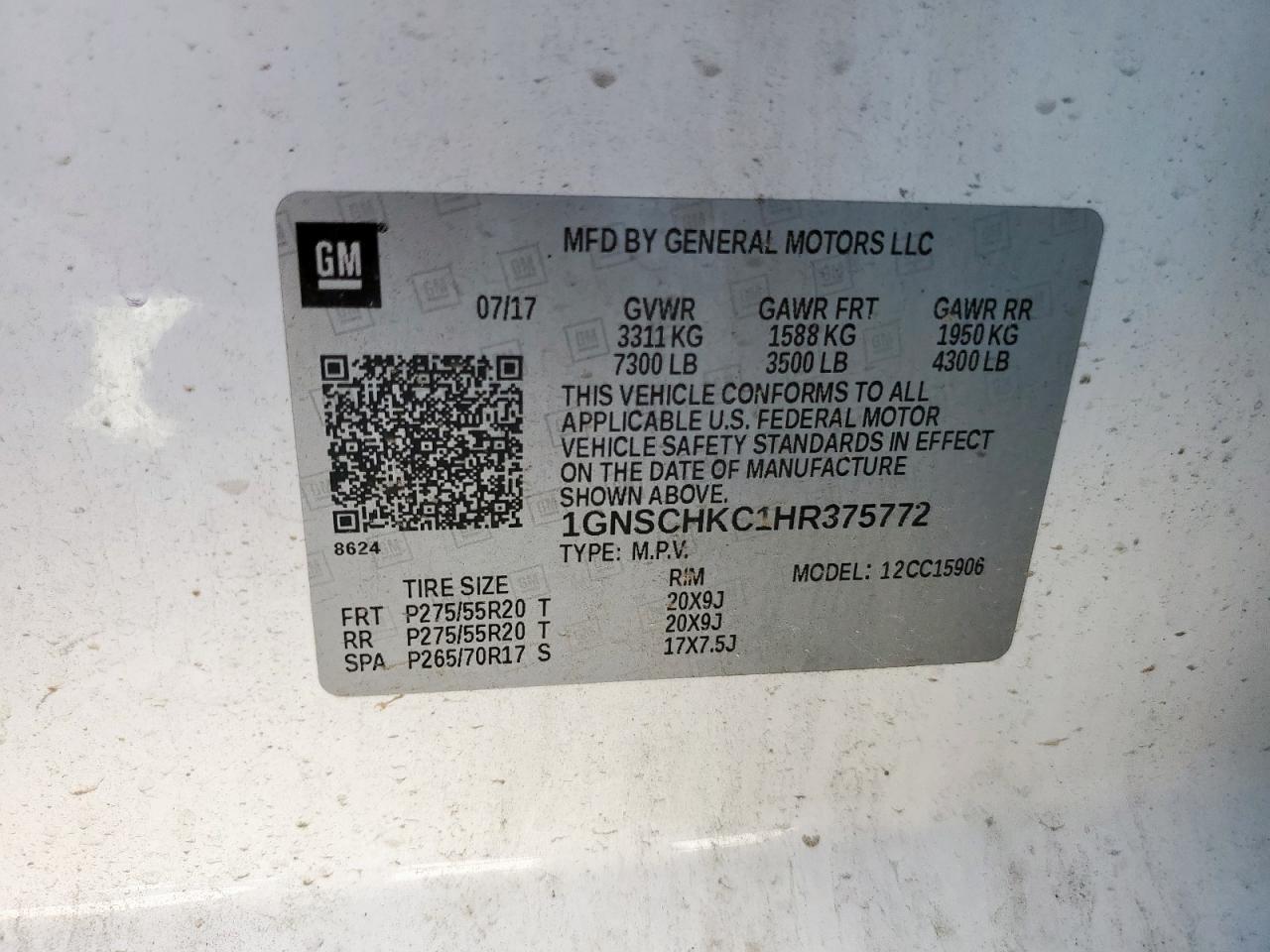 2017 Chevrolet Suburban C1500 Lt VIN: 1GNSCHKC1HR375772 Lot: 71310465