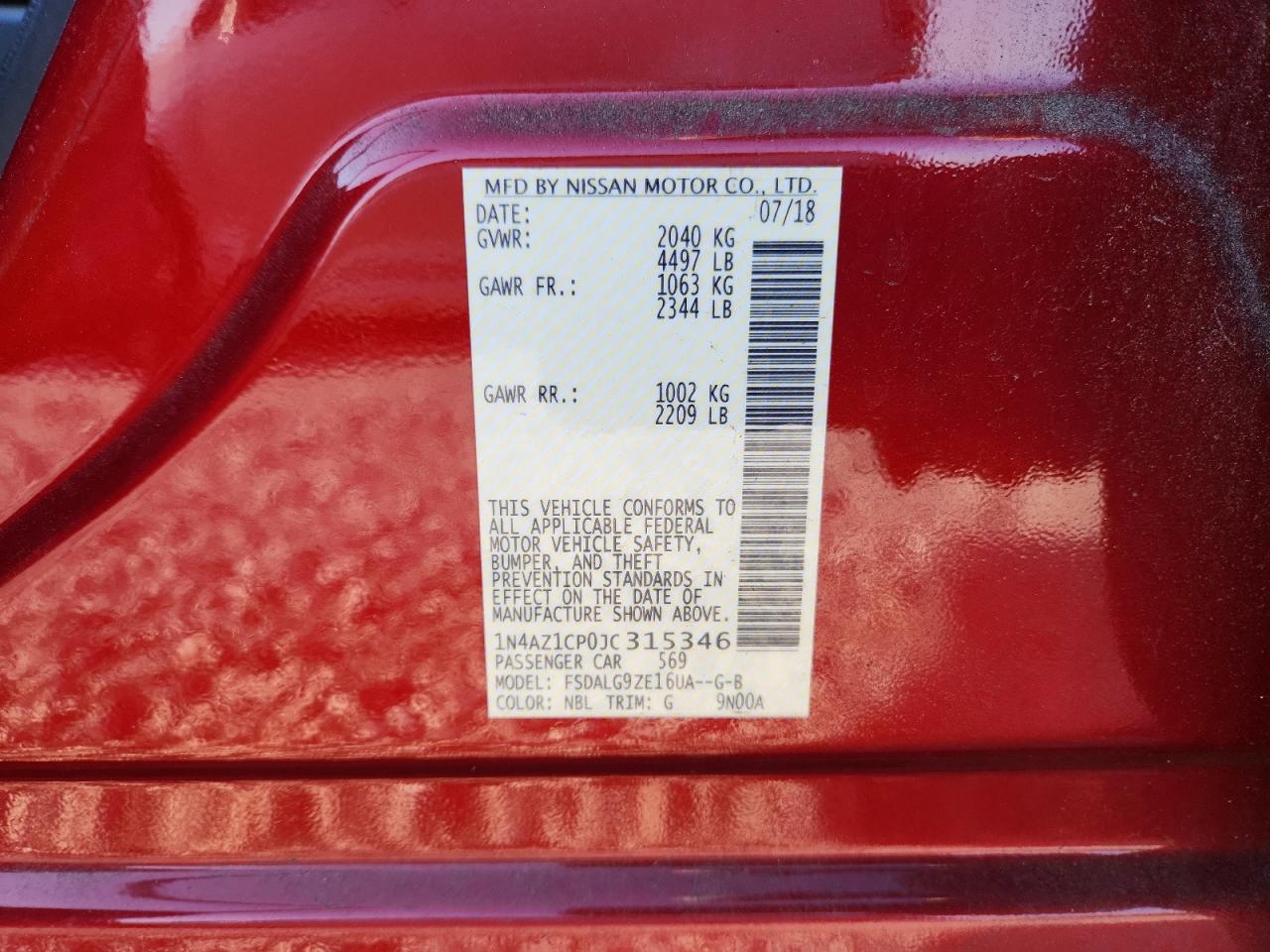 2018 Nissan Leaf S VIN: 1N4AZ1CP0JC315346 Lot: 71750845