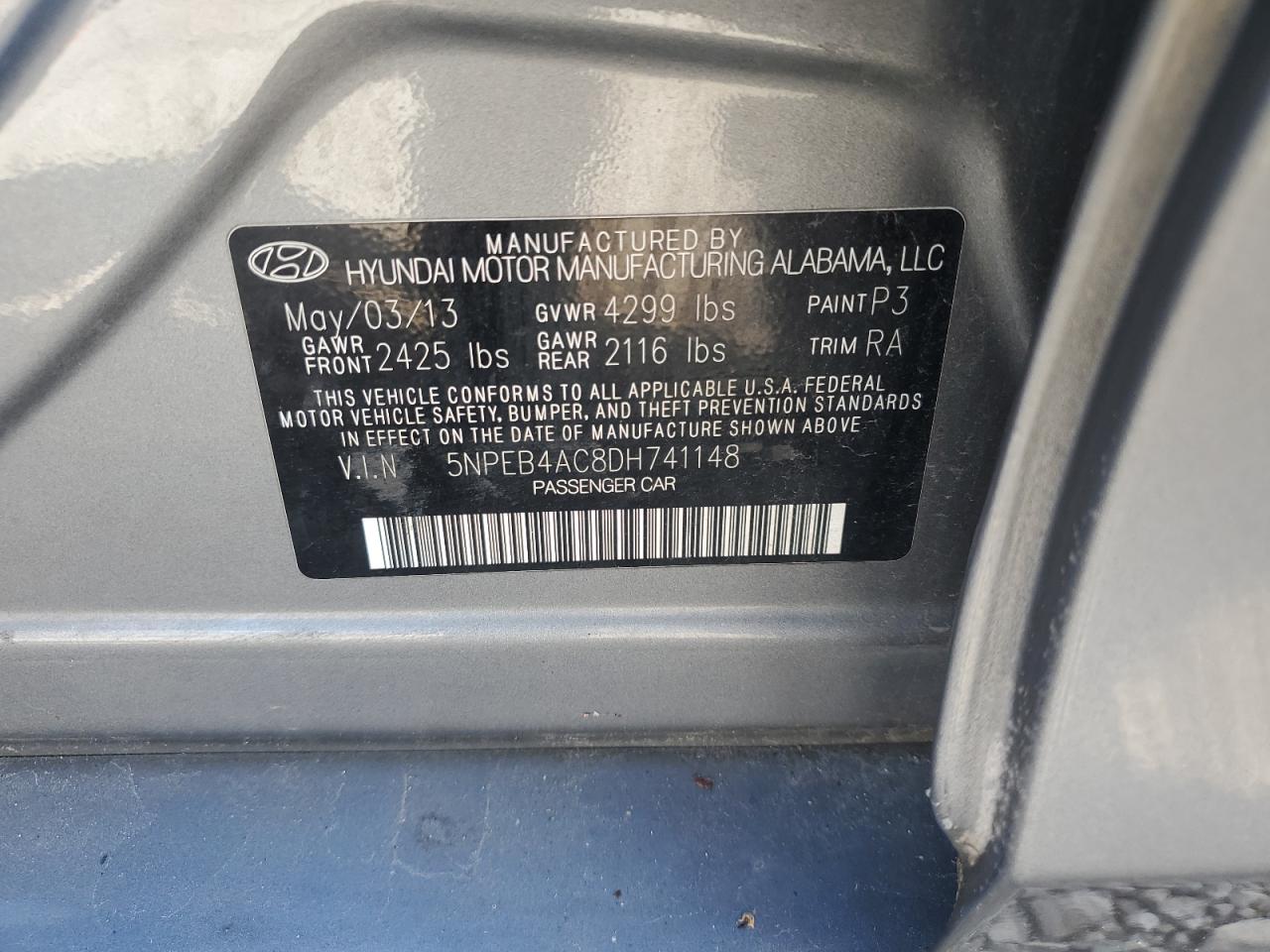 2013 Hyundai Sonata Gls VIN: 5NPEB4AC8DH741148 Lot: 81892575