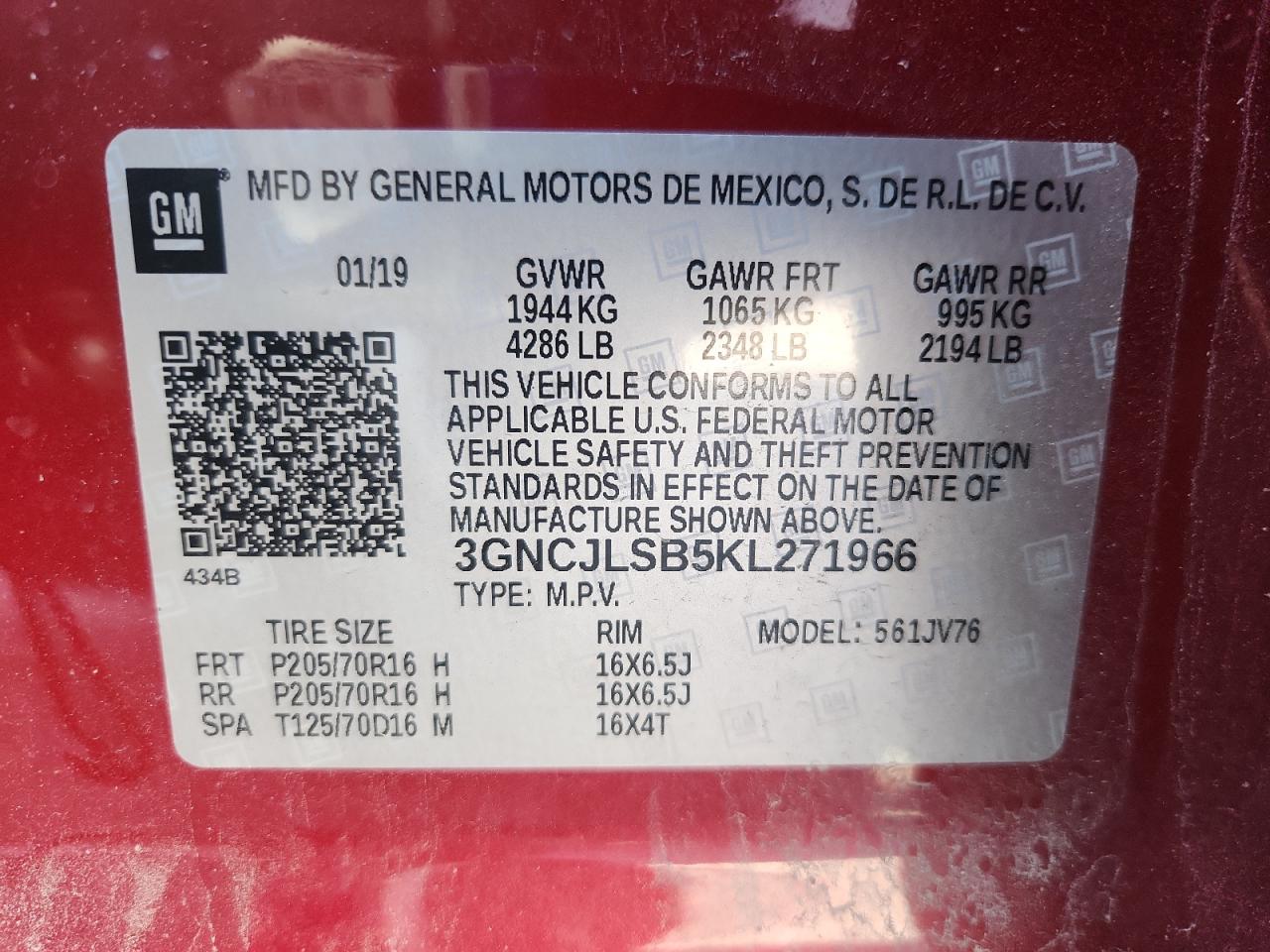 2019 Chevrolet Trax 1Lt VIN: 3GNCJLSB5KL271966 Lot: 81851735