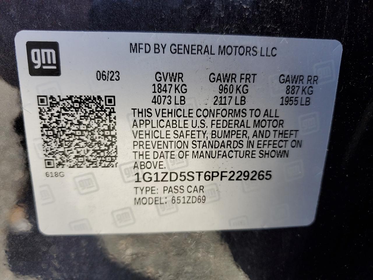 2023 Chevrolet Malibu Lt VIN: 1G1ZD5ST6PF229265 Lot: 82110295