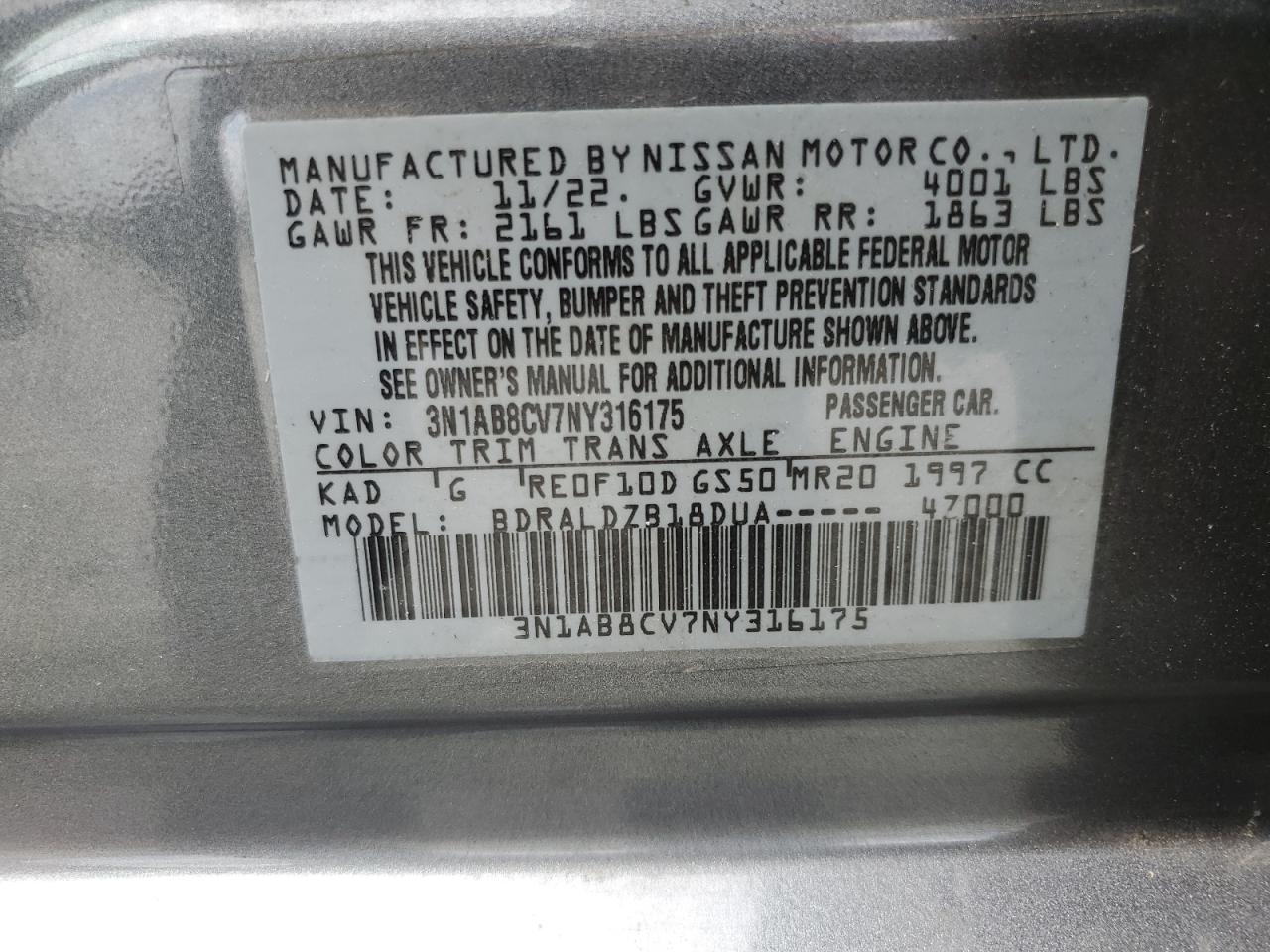 2022 Nissan Sentra Sv VIN: 3N1AB8CV7NY316175 Lot: 80050965