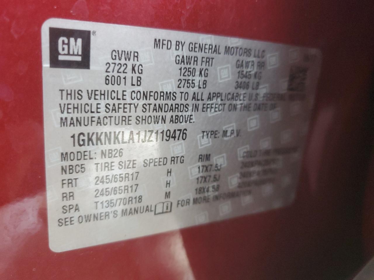 2018 GMC Acadia Sle VIN: 1GKKNKLA1JZ119476 Lot: 83935955