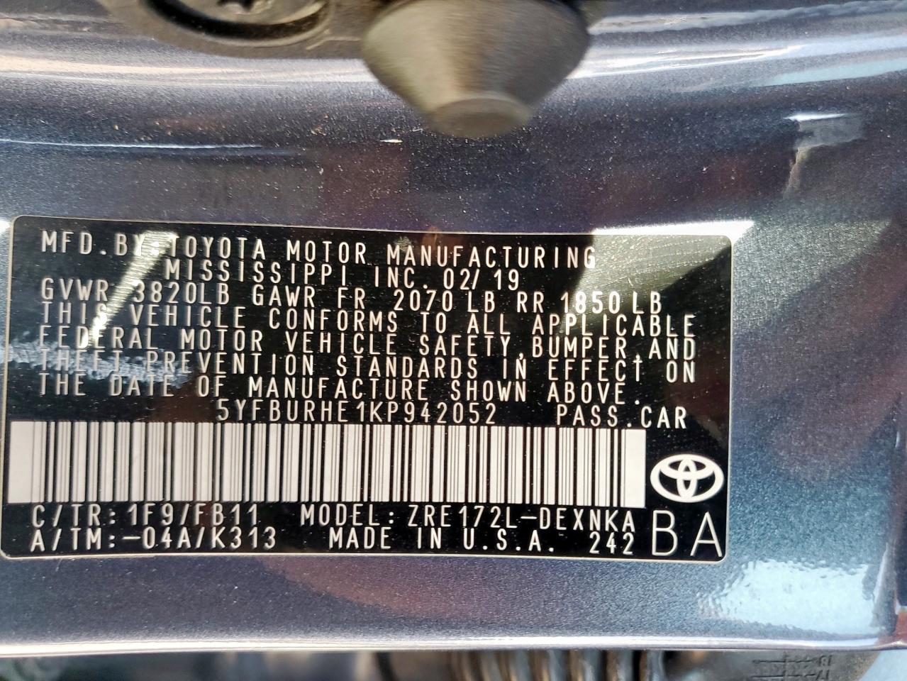 2019 Toyota Corolla L VIN: 5YFBURHE1KP942052 Lot: 72057705