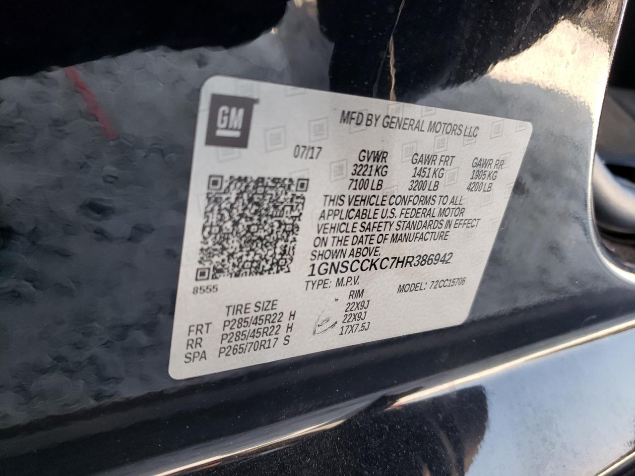 2017 Chevrolet Tahoe C1500 Premier VIN: 1GNSCCKC7HR386942 Lot: 80673615