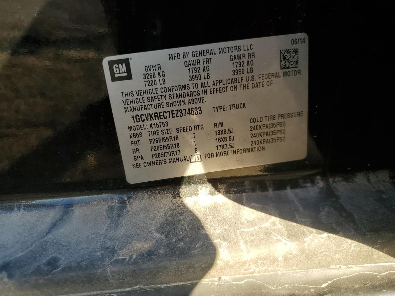 2014 Chevrolet Silverado K1500 Lt VIN: 1GCVKREC7EZ374633 Lot: 84229465