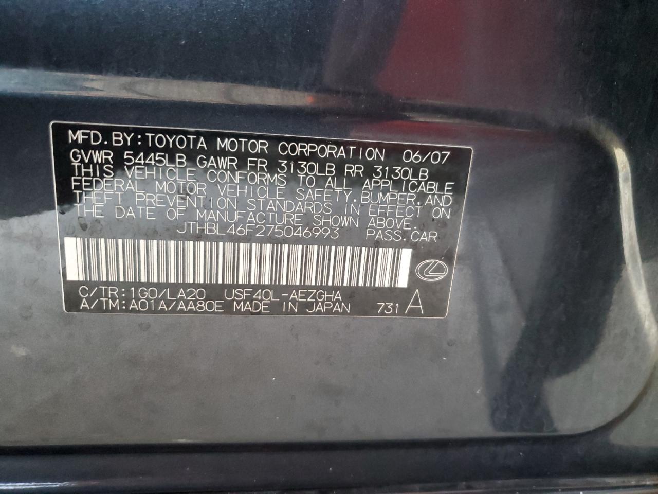 2007 Lexus Ls 460 VIN: JTHBL46F275046993 Lot: 83822835
