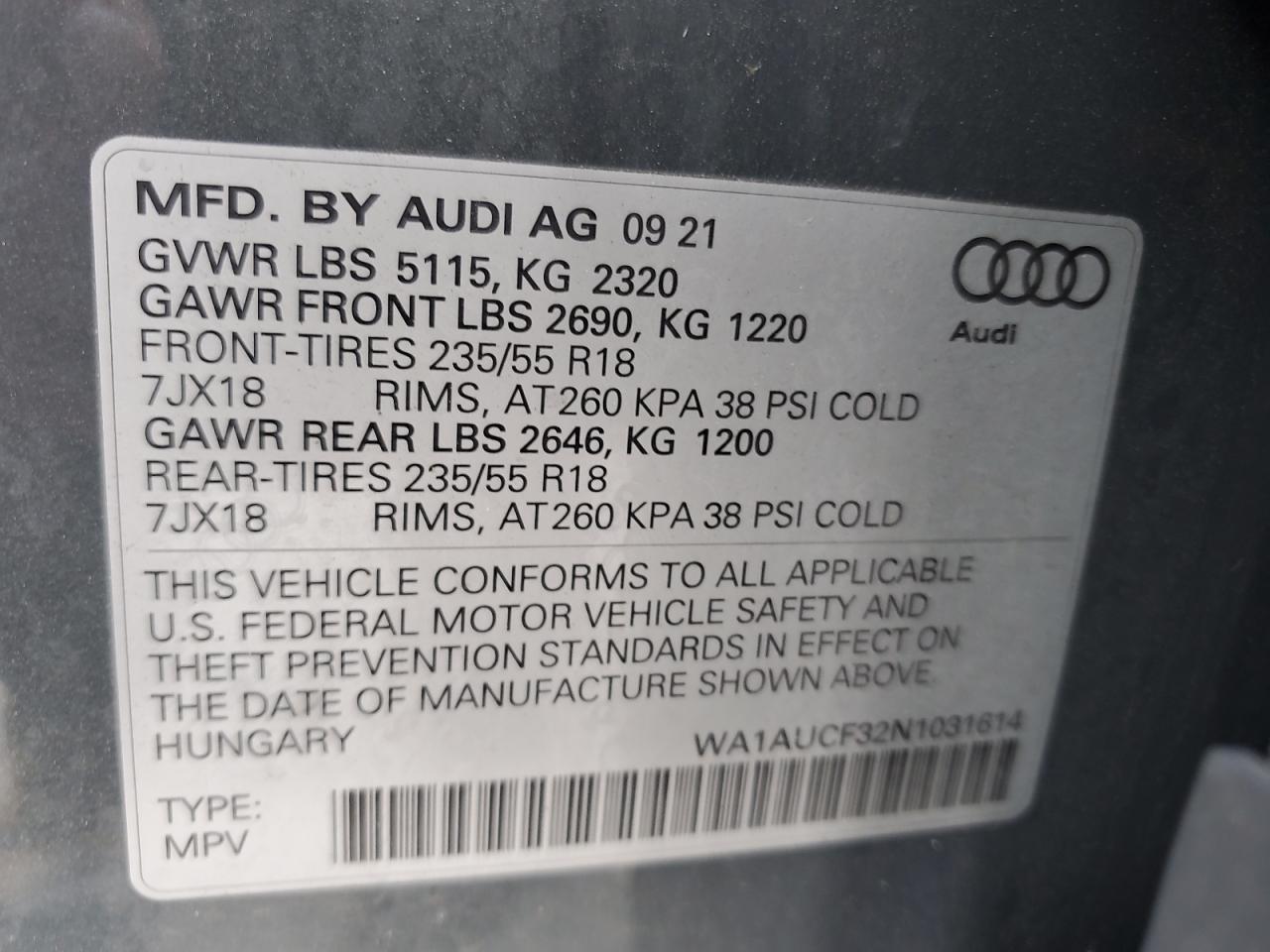 2022 Audi Q3 Premium 40 VIN: WA1AUCF32N1031614 Lot: 72006655
