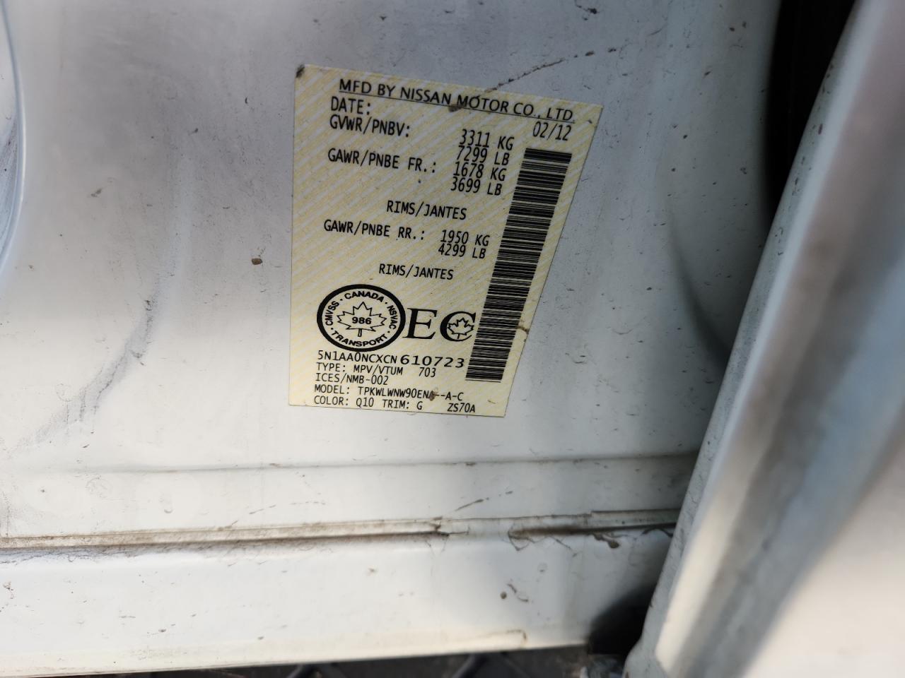 2012 Nissan Armada Sv VIN: 5N1AA0NCXCN610723 Lot: 81341425