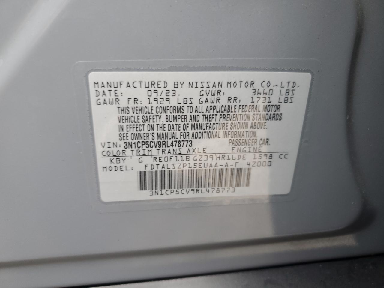 2024 Nissan Kicks Sv VIN: 3N1CP5CV9RL478773 Lot: 82077025