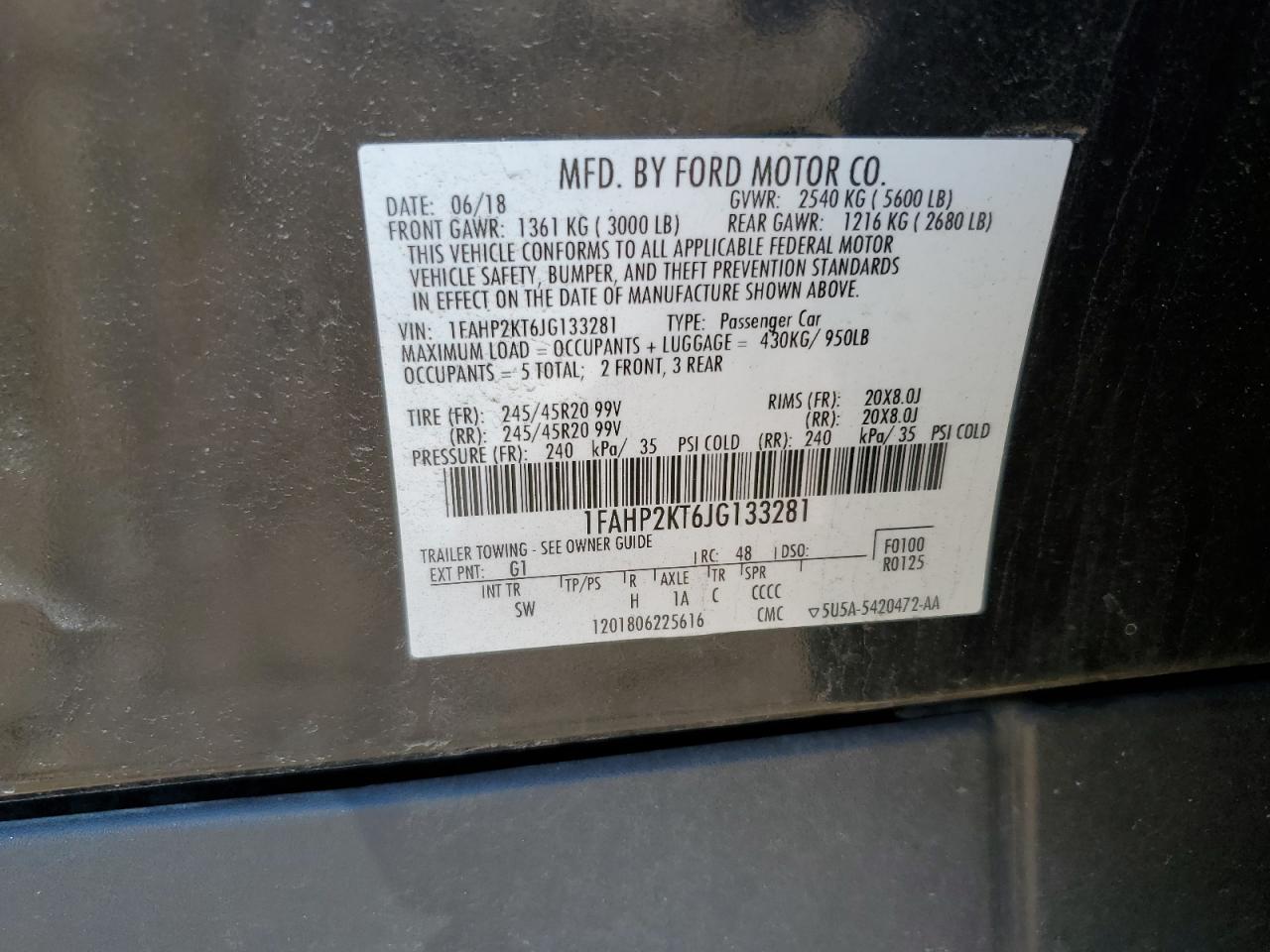 2018 Ford Taurus Sho VIN: 1FAHP2KT6JG133281 Lot: 83927635