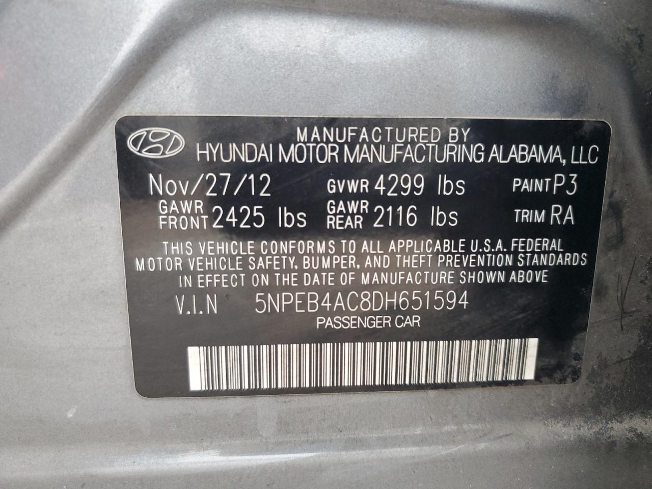 2013 Hyundai Sonata VIN: 5NPEB4AC8DH651594 Lot: 81730875