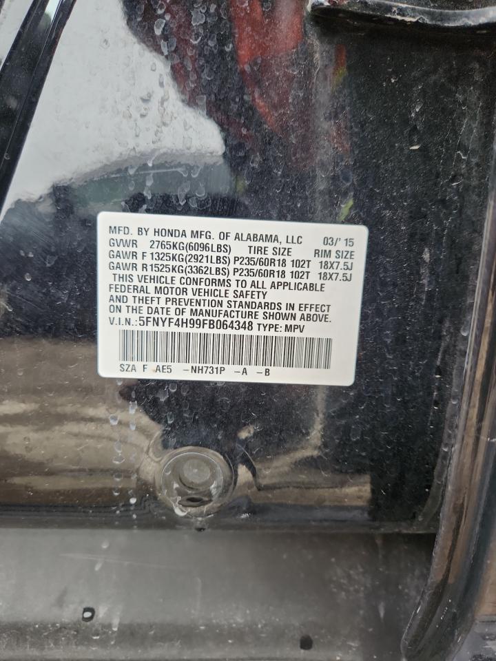 2015 Honda Pilot Touring VIN: 5FNYF4H99FB064348 Lot: 81763405