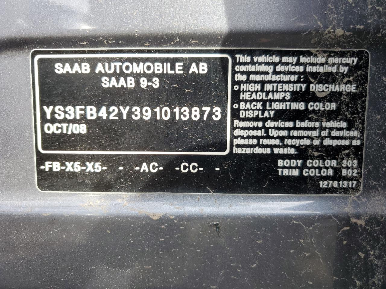 2009 Saab 9-3 2.0T VIN: YS3FB42Y391013873 Lot: 83851365