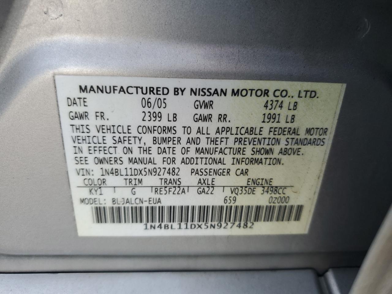 2005 Nissan Altima Se VIN: 1N4BL11DX5N927482 Lot: 80476725