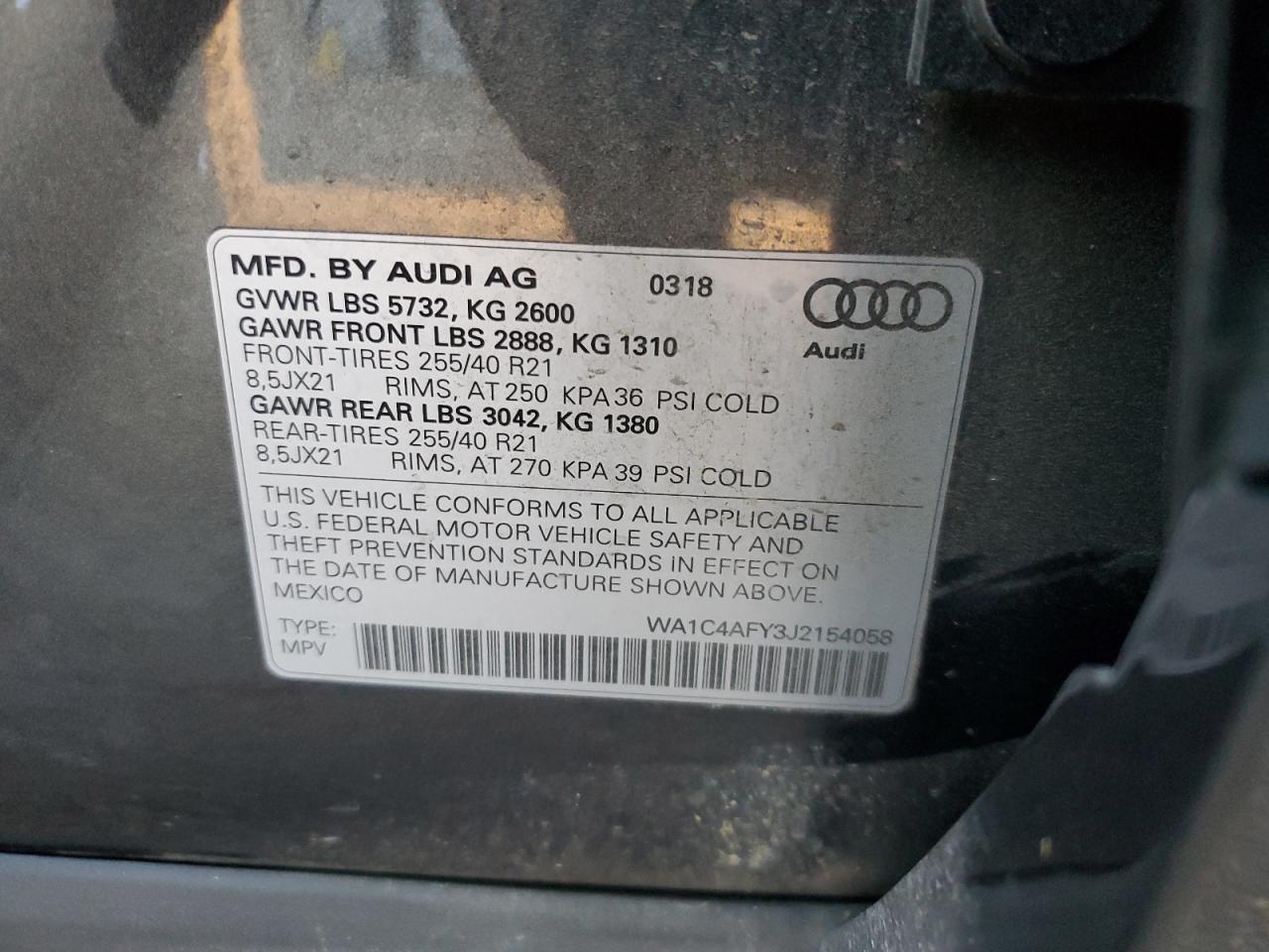 2018 Audi Sq5 Prestige VIN: WA1C4AFY3J2154058 Lot: 83963935