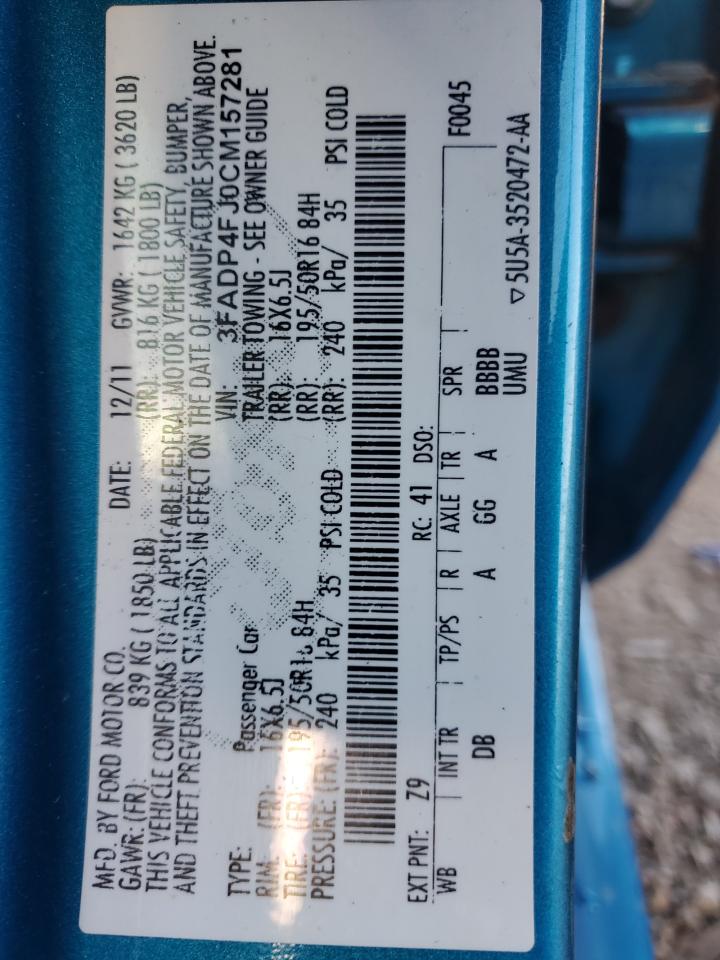 2012 Ford Fiesta Ses VIN: 3FADP4FJ0CM157281 Lot: 81635535