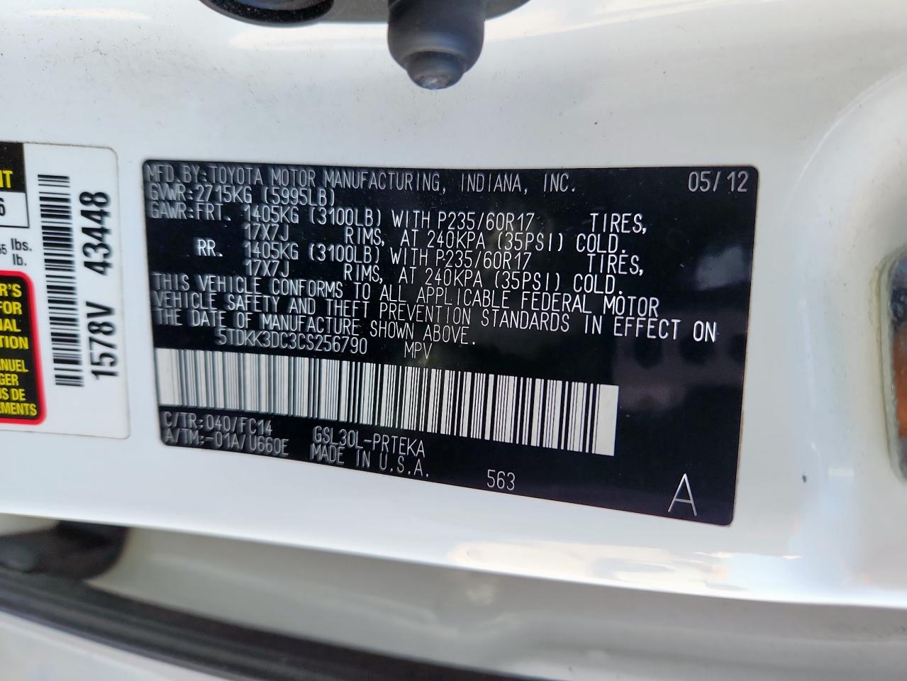 2012 Toyota Sienna Le VIN: 5TDKK3DC3CS256790 Lot: 81681175