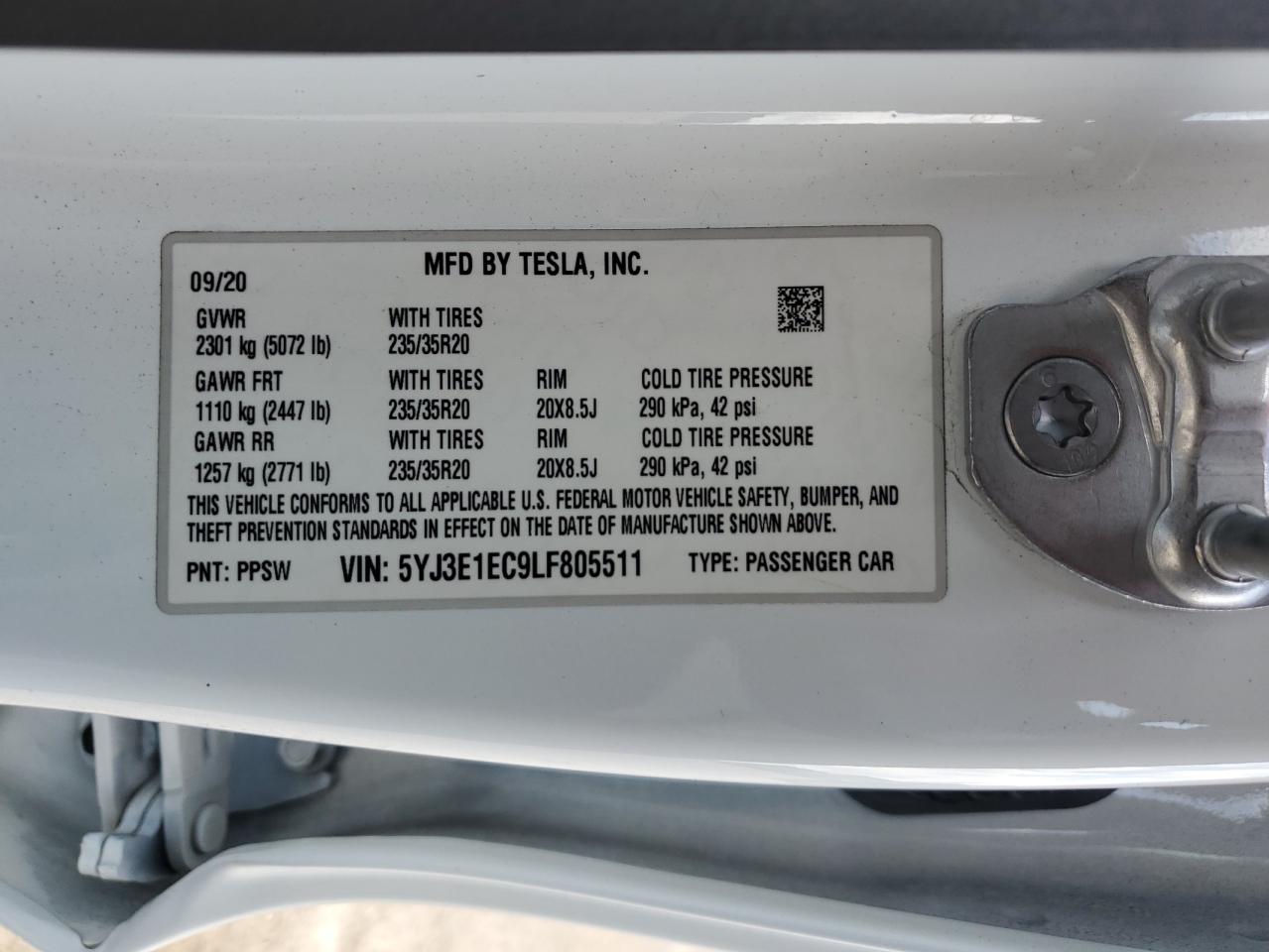 2020 Tesla Model 3 VIN: 5YJ3E1EC9LF805511 Lot: 71133095