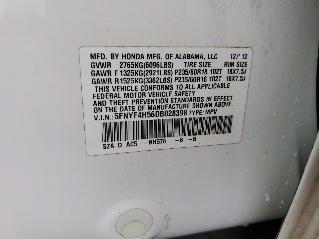 2013 Honda Pilot Exl VIN: 5FNYF4H56DB028398 Lot: 81926395