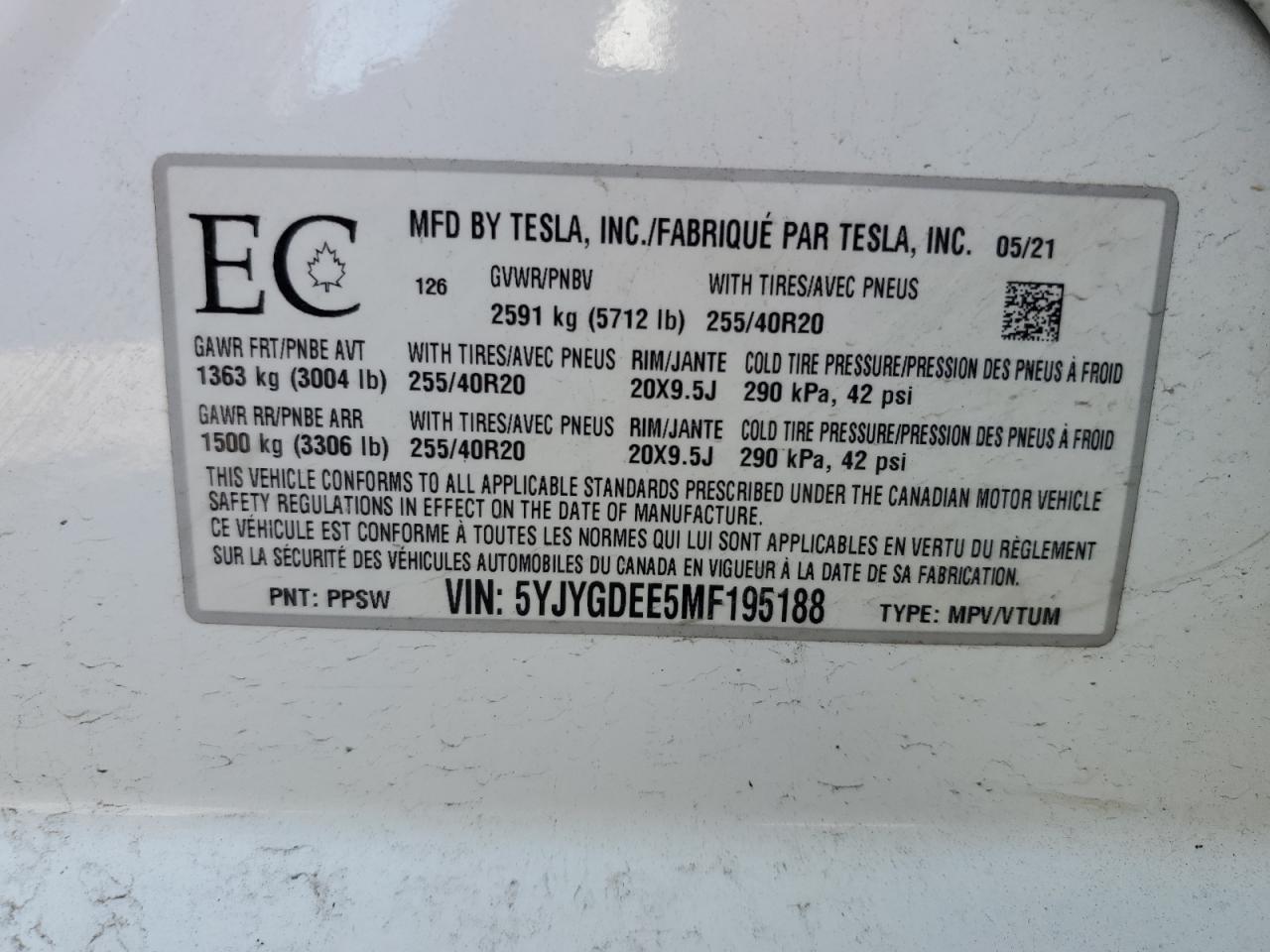 2021 Tesla Model Y VIN: 5YJYGDEE5MF195188 Lot: 81374785
