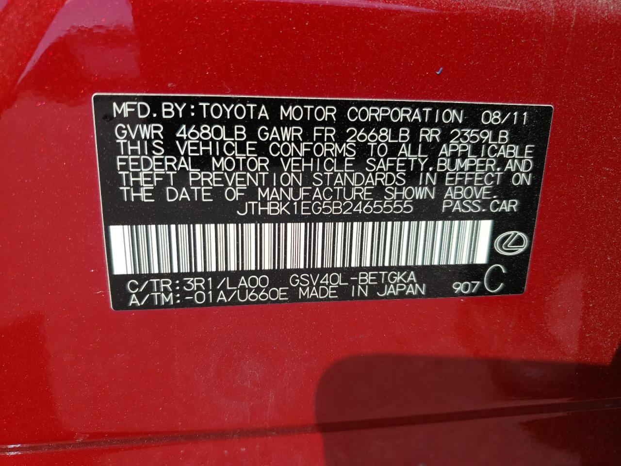 2011 Lexus Es 350 VIN: JTHBK1EG5B2465555 Lot: 80569795