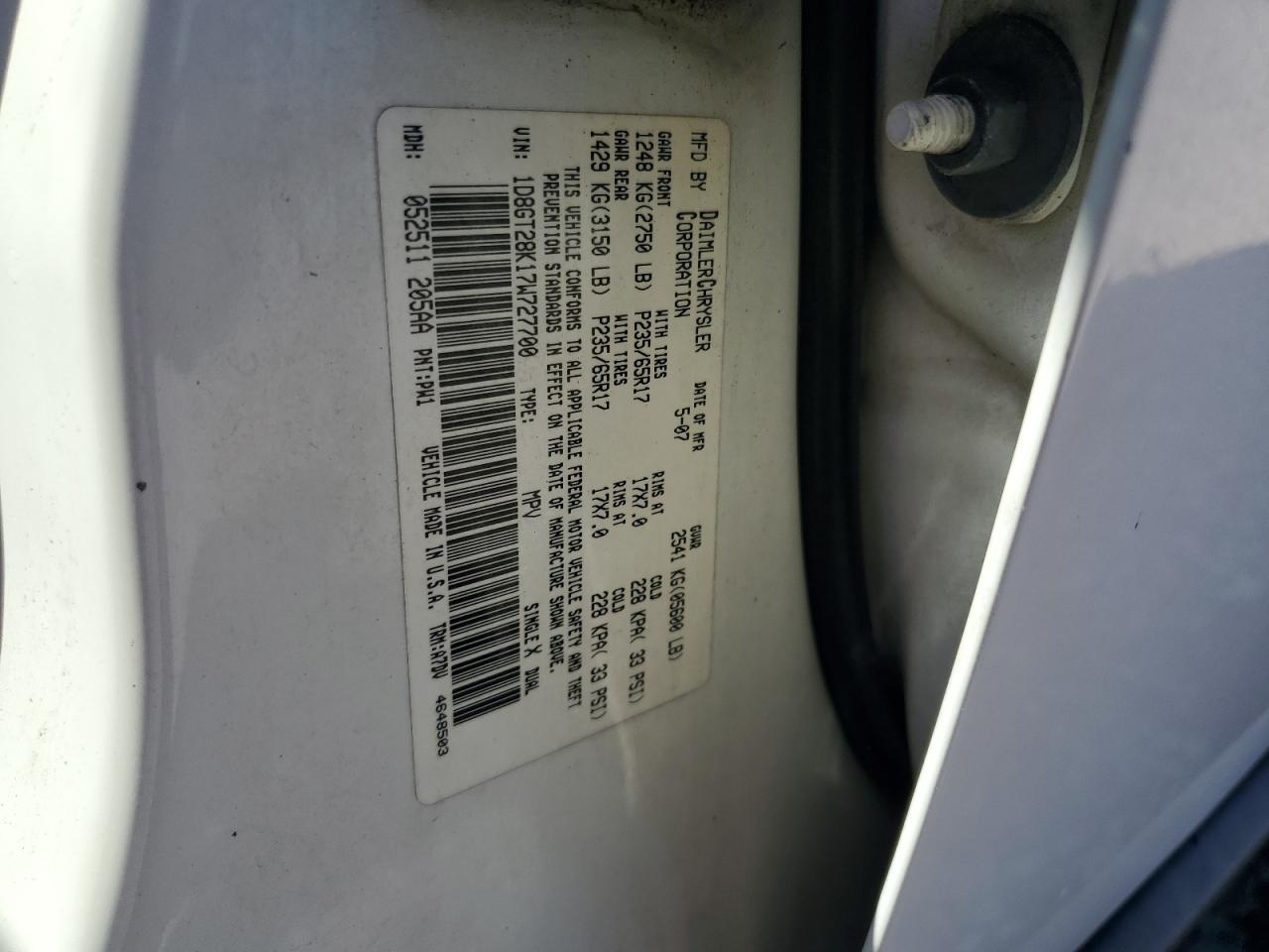 2007 Dodge Nitro Sxt VIN: 1D8GT28K17W727700 Lot: 83789135