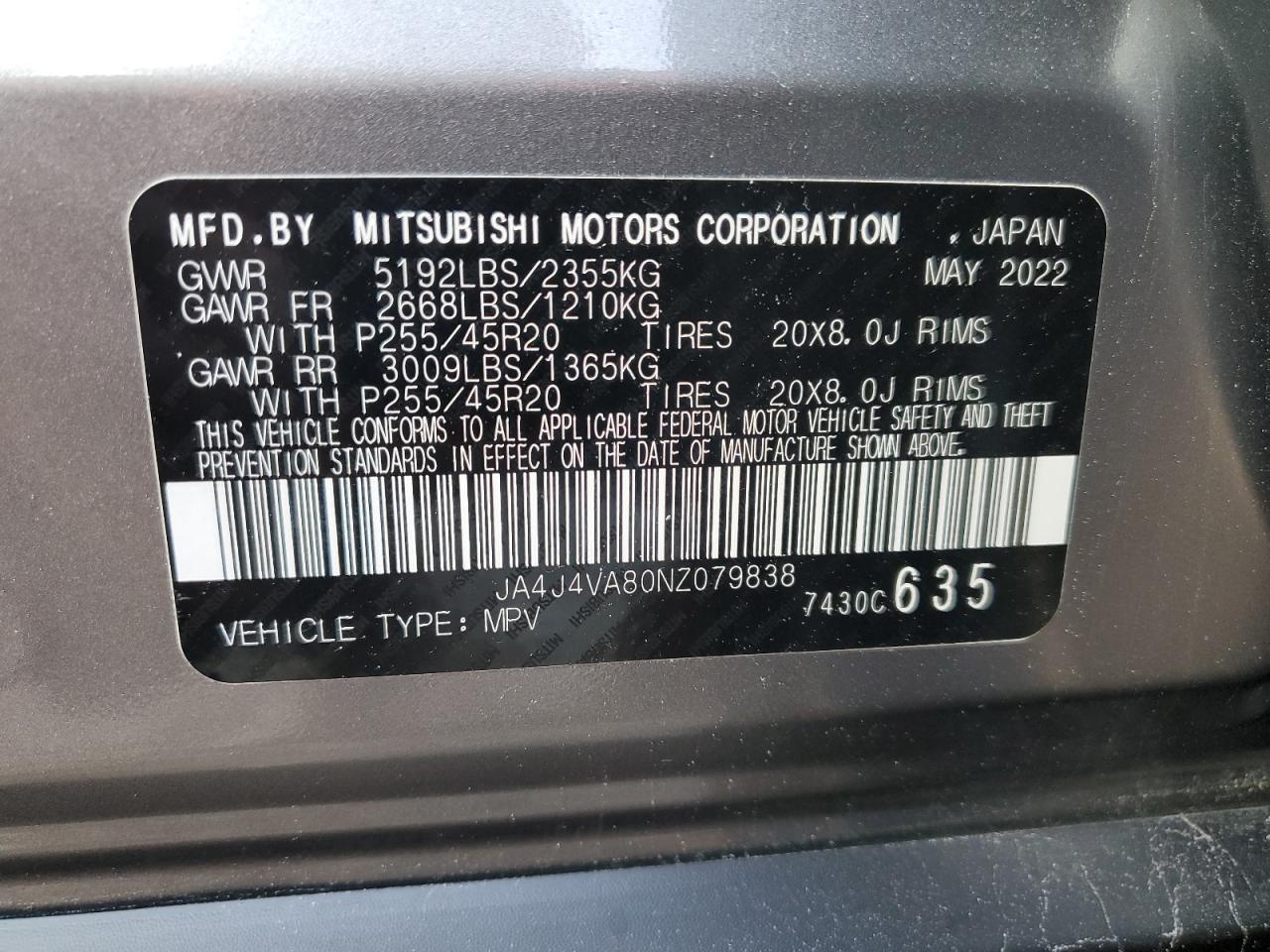2022 Mitsubishi Outlander Sel VIN: JA4J4VA80NZ079838 Lot: 80615025